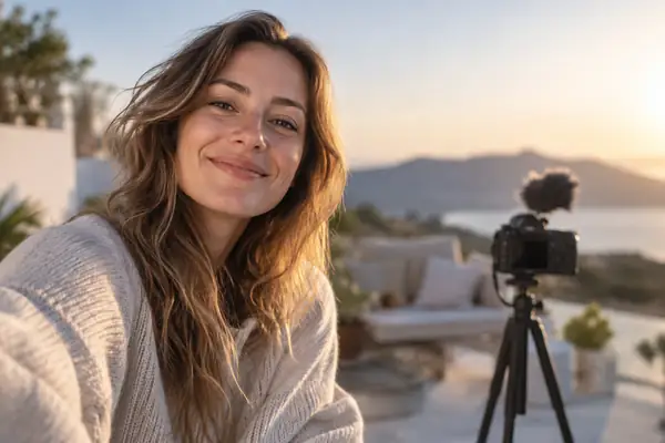 Retrato de uma criadora sorridente sob uma luz suave ao ar livre
