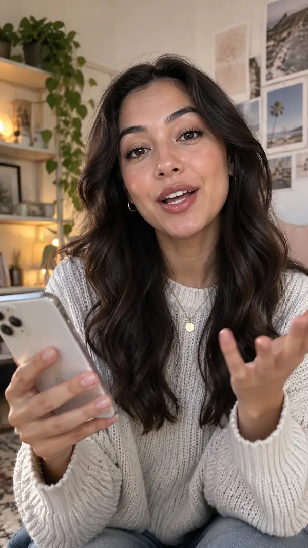 Quadro de vídeo vertical de uma criadora falando para a câmera enquanto segura um celular