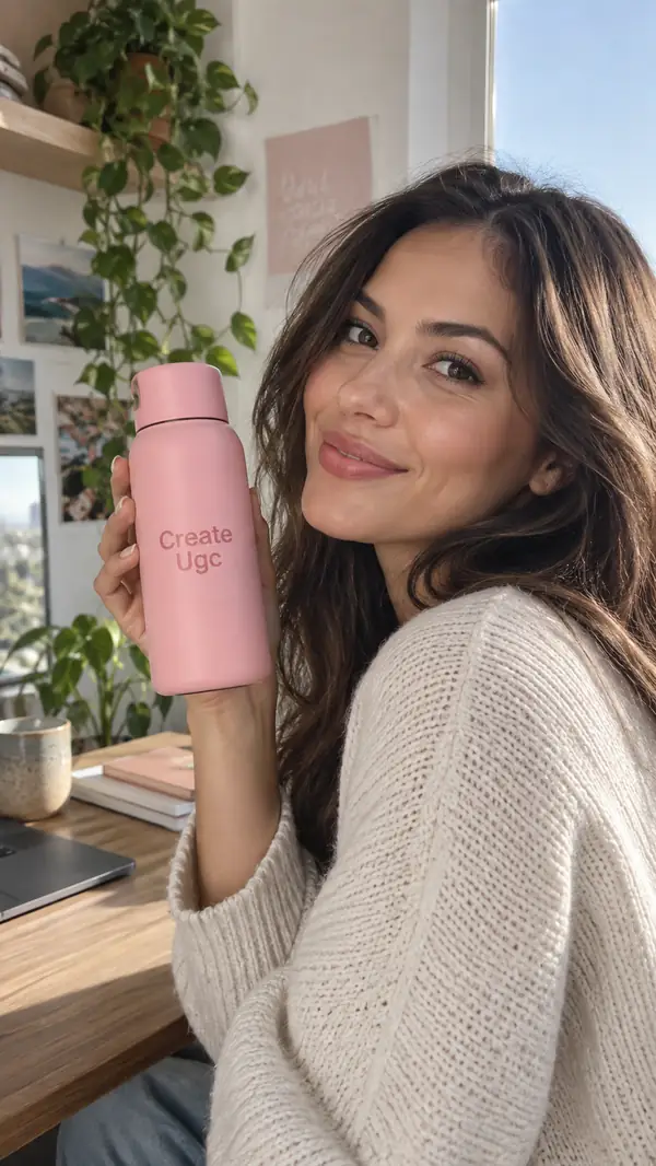 Quadro de vídeo vertical de uma criadora segurando um produto rosa de uso diário à luz natural do dia