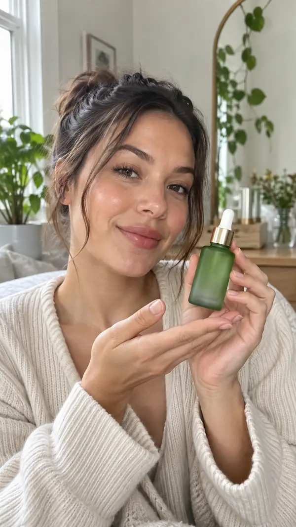 Quadro de vídeo vertical de uma criadora apresentando um frasco verde de sérum para a pele em um ambiente bem iluminado