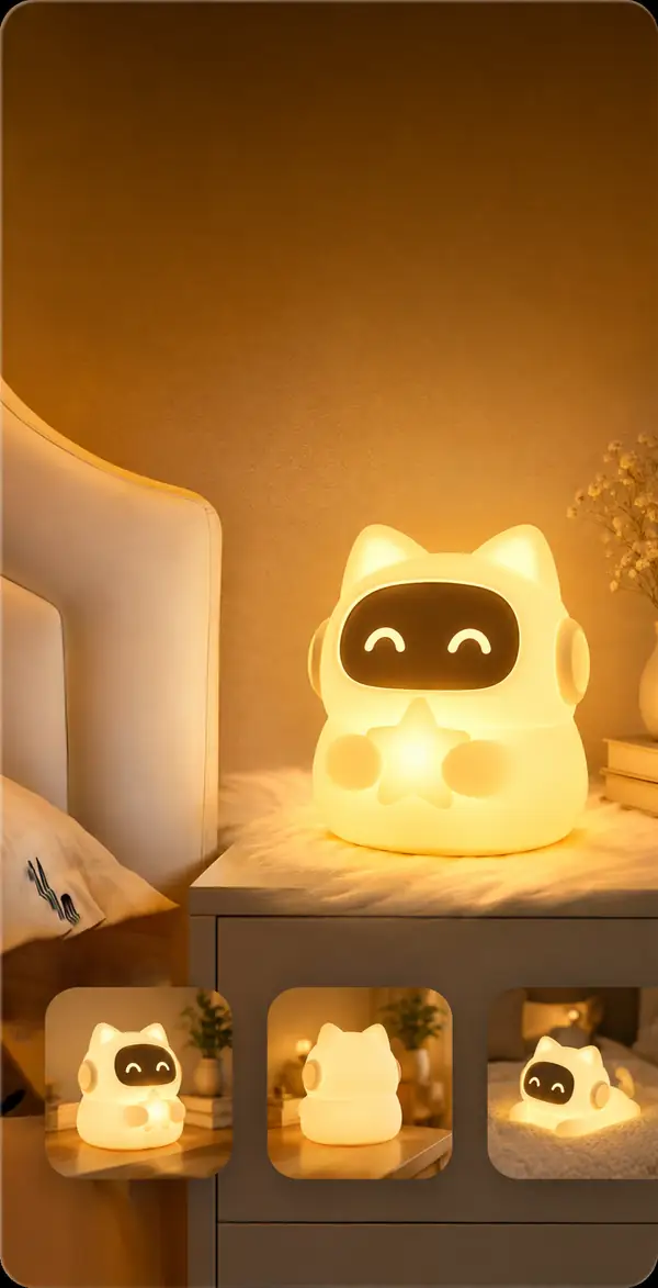 Eine leuchtende Nachttischlampe in Katzenform in einem gemütlichen Schlafzimmer, daneben Bilder mit Produktdetails
