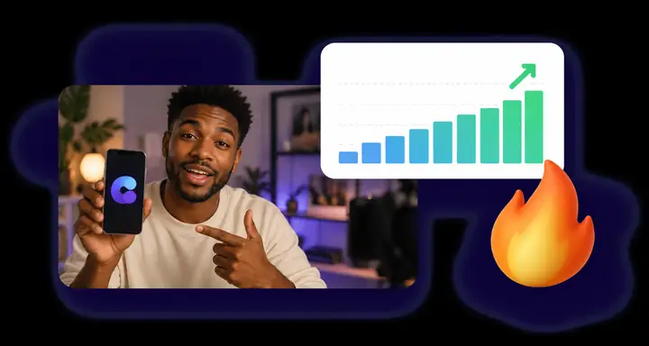 KI-generiertes Produktvideo im Creator-Stil neben einem einfachen Leistungsbericht