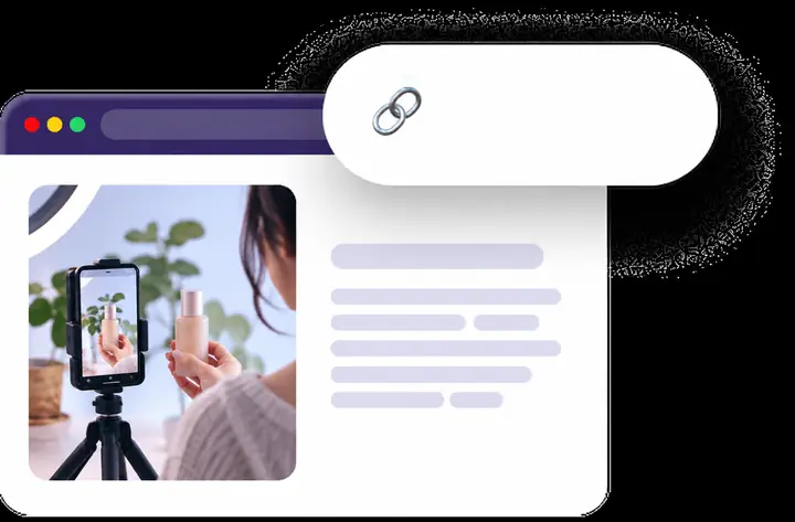 Página de produto e link do produto copiado exibidos em uma interface simples